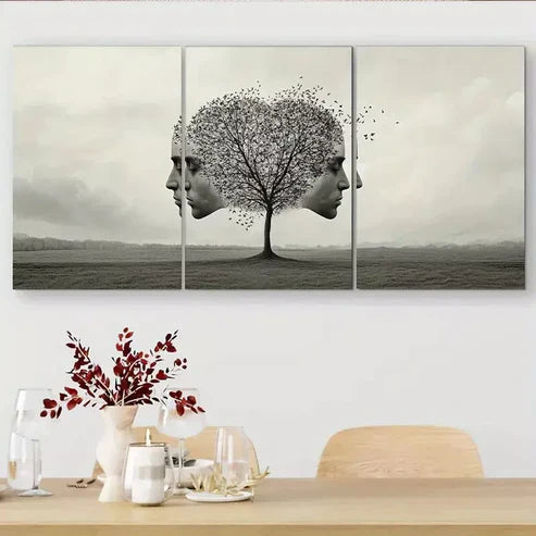 3 PCS Black & White Fantasy Surreal Tree And Faces Wall Art Set Canvas Unframed - High Quality Print 100% Australian Made Wall Canvas - Bella Home Decor