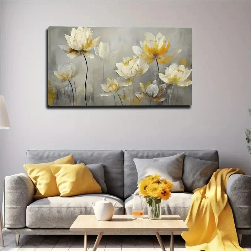 White Petals With Yellow Dots Wall Art Canvas Office Home Room Framed 120x60cm - Bella Home Decor