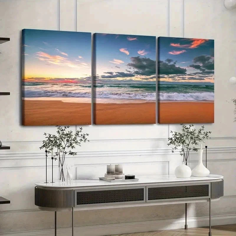 3pcs Sunset Sunrise Beach Waves Coastal Wall Art Set Canvas Framed 50x70cm - High Quality Print 100% Australian Made Wall Canvas Ready to Hang