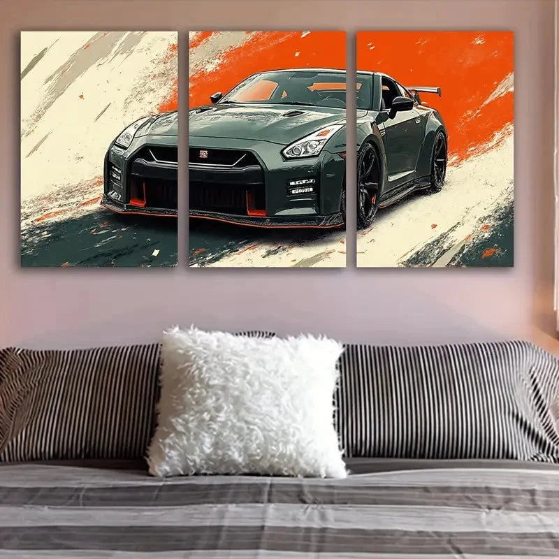 3pcs Green Nissan GT-R Car Abstract Wall Art Set Canvas Framed 60x90cm - High Quality Print 100% Australian Made Wall Canvas Ready to Hang