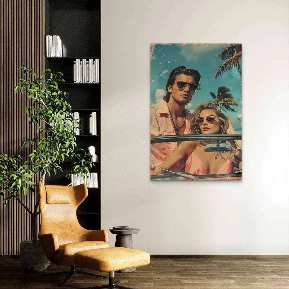 Hawaii Illustration Of A Couple 40x60cm Metal Print Ready to Hang