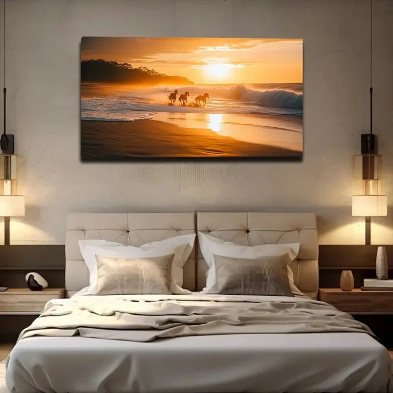 Serene Beach Sunset Scene Wall Art canvas office home room framed 120x60cm - Bella Home Decor