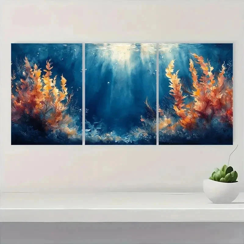 3pcs Vibrant Blue & Orange Sea Vegetation S Wall Art Set Canvas Framed 50x70cm - High Quality Print 100% Australian Made Wall Canvas Ready to Hang