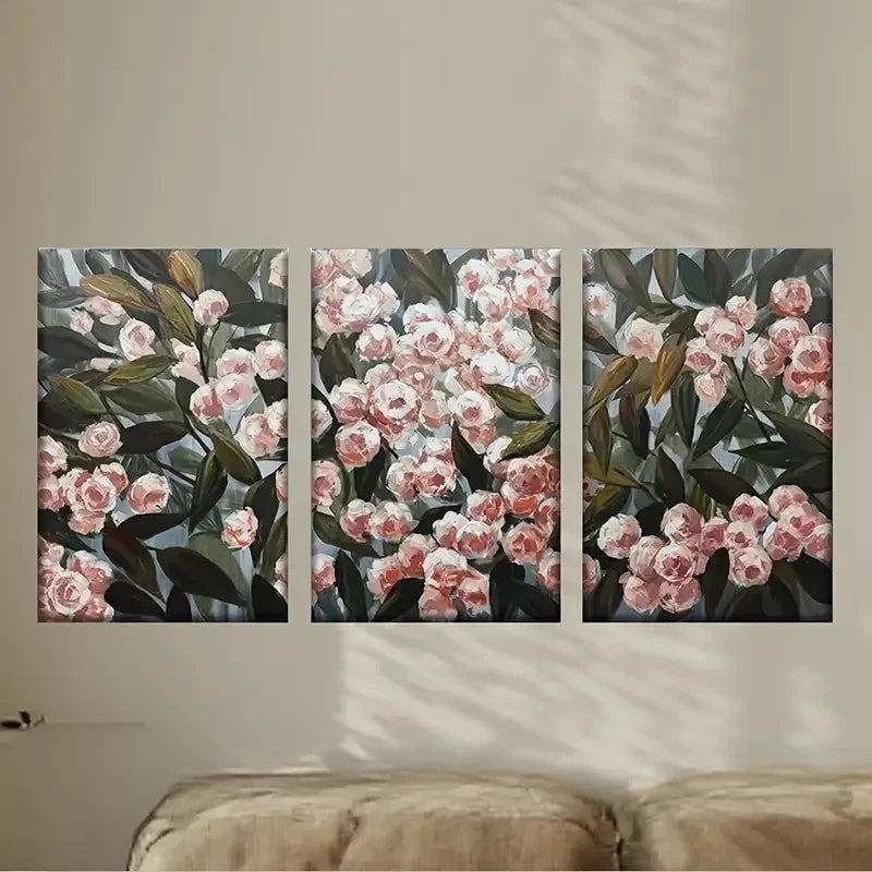 3pcs a painting of pink flowers on a blue Wall Art Set Canvas Framed 60x90cm - High Quality Print 100% Australian Made Wall Canvas Ready to Hang - Bella Home Decor