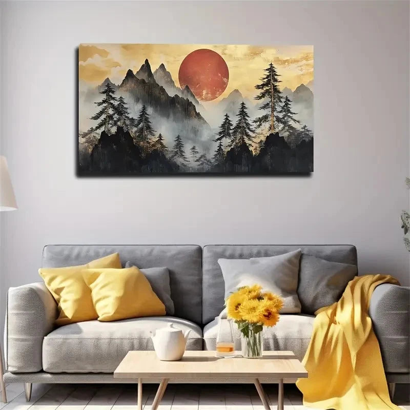 Yellowish Sky & Red Sun Deco Wall Art Canvas Office Home Room Framed 120x60cm