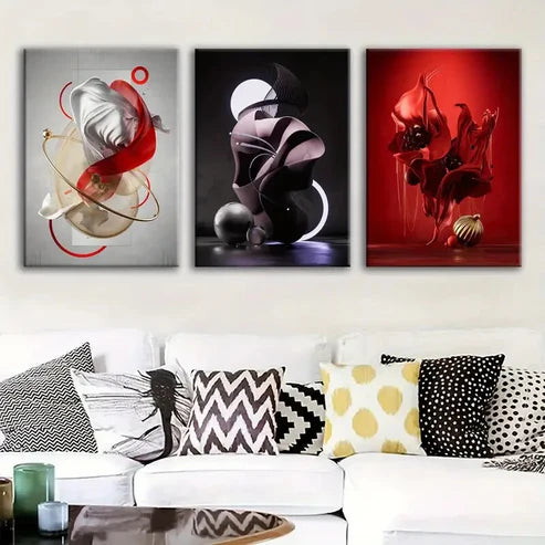 3pcs Modern Abstract Art Red & Gold Black White Wall Art Set Canvas Unframed - High Quality Print 100% Australian Made Wall Canvas