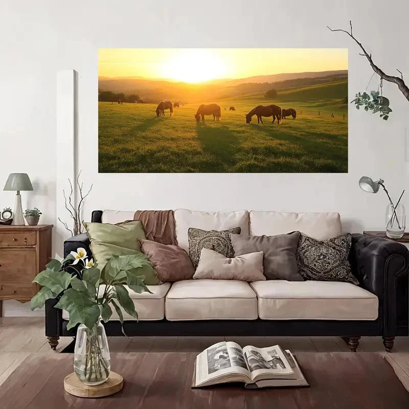 Golden Sunset Horse Pasture Wall Art Canvas Office Home Room Framed 120x60cm