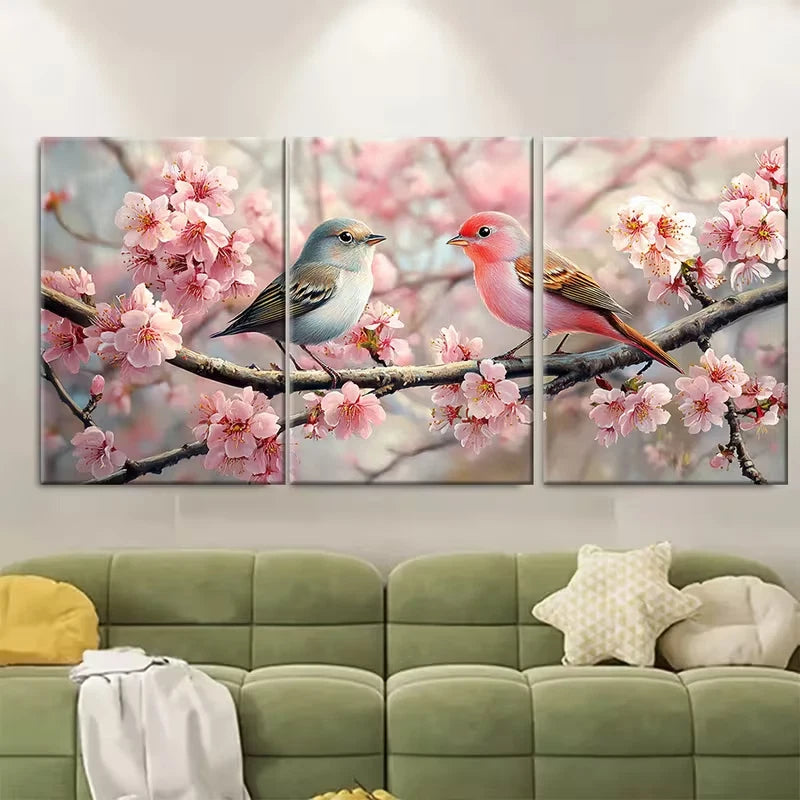 3pcs Pink Birds Cherry Blossom Butterflies Metal Print Ready to Hang Art