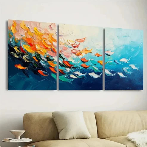 3pcs Abstract Fish School Art Sea Wall Art Set Canvas Unframed - High Quality Print 100% Australian Made Wall Canvas - Bella Home Decor