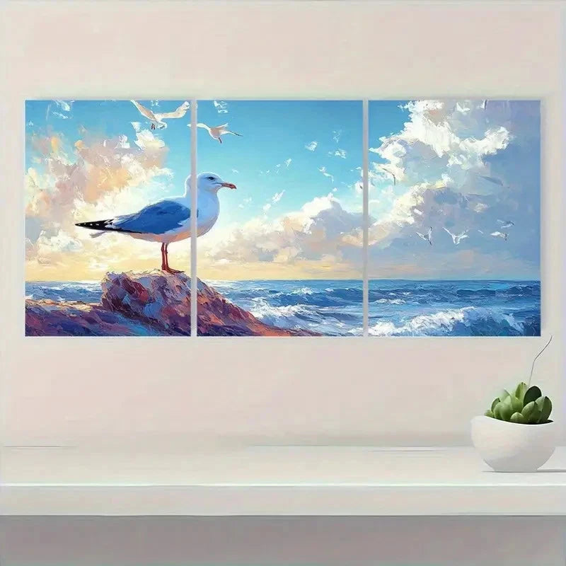 3pcs Seagull Ocean Sunset Serene Blue & Golden Wall Art Set Canvas Framed 50x70cm - High Quality Print 100% Australian Made Wall Canvas Ready to Hang - Bella Home Decor