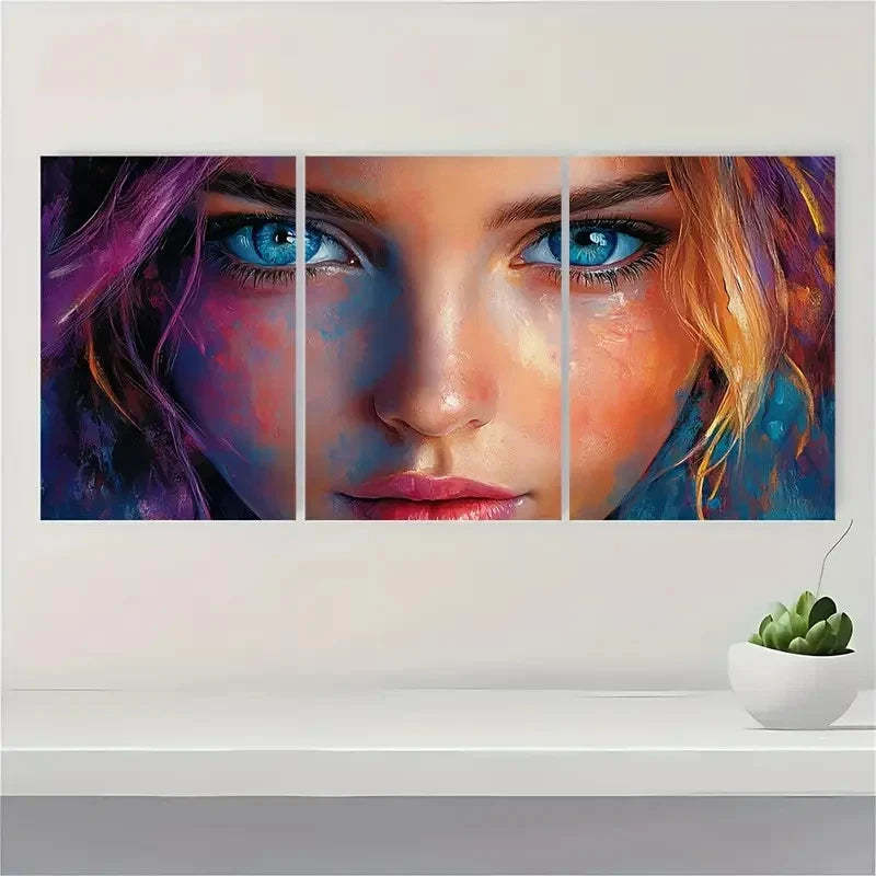 3pcs Blue Eyes, Modern Painting in Purple, Pink Wall Art Set Canvas Framed 50x70cm - High Quality Print 100% Australian Made Wall Canvas Ready to Hang - Bella Home Decor