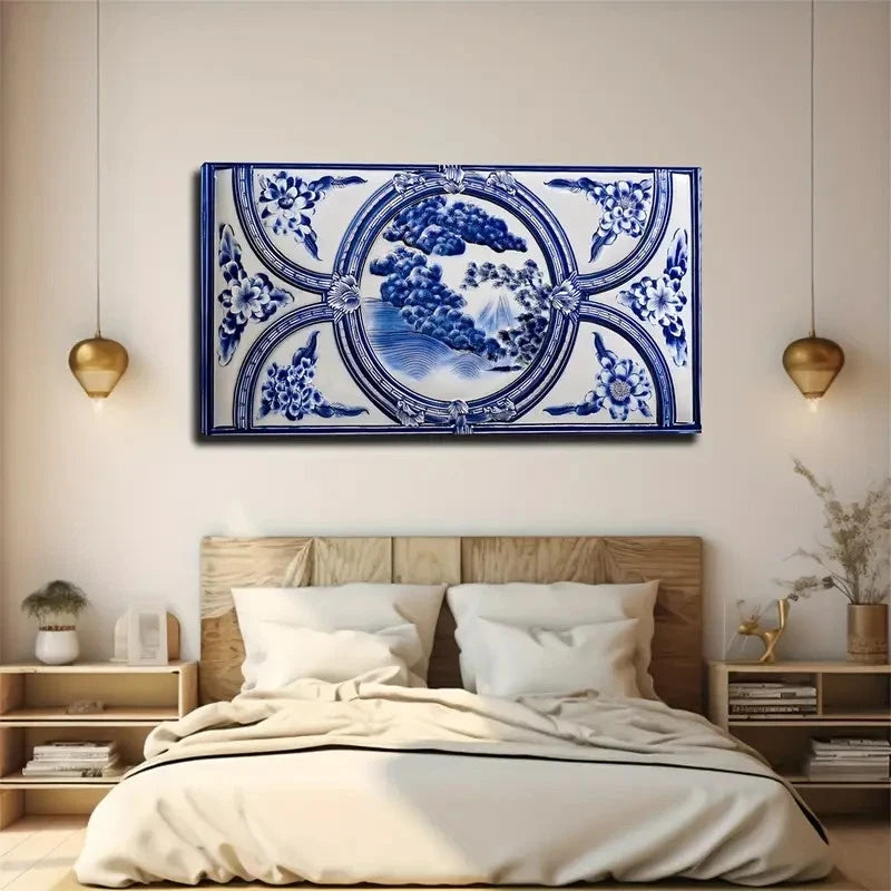 Blue And White Porcelain Wall Art Canvas Office Home Room Framed 120x60cm