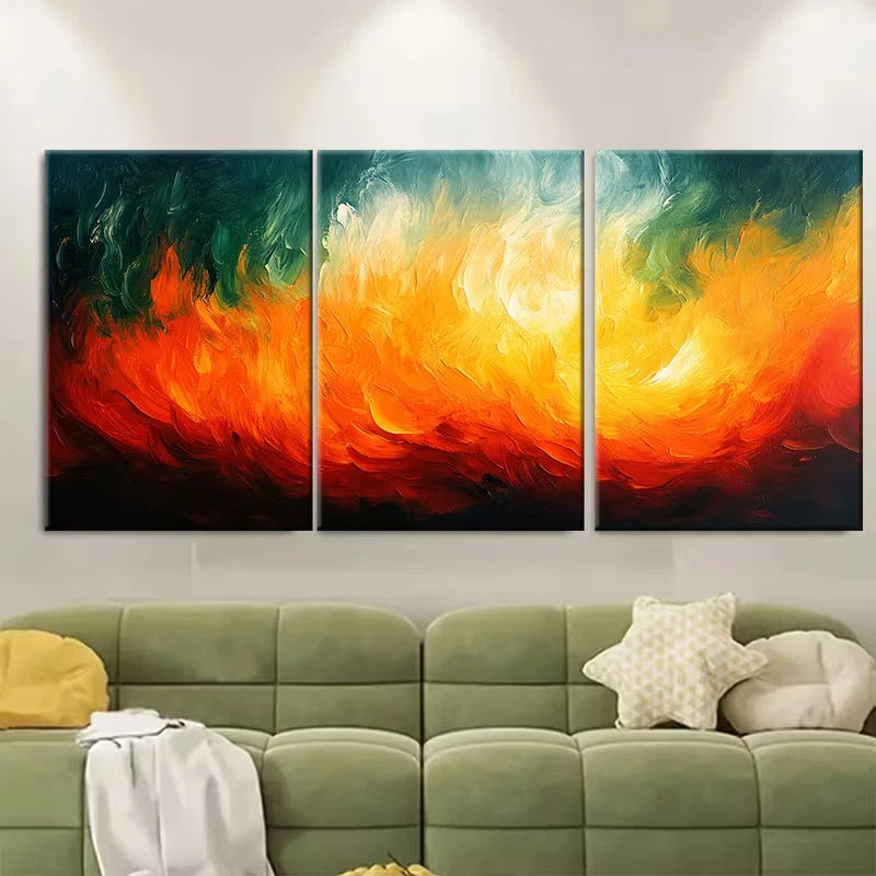 3pcs Green Orange Abstract Brushstroke Metal Print Ready to Hang Art