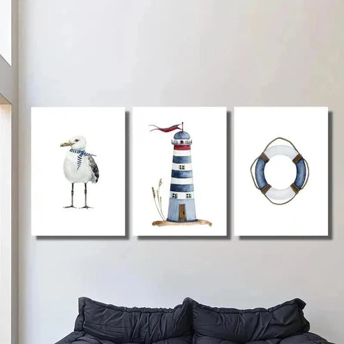3pcs White Seagull Lighthouse Nautical Lifebuoy Wall Art Set Canvas Unframed - High Quality Print 100% Australian Made Wall Canvas