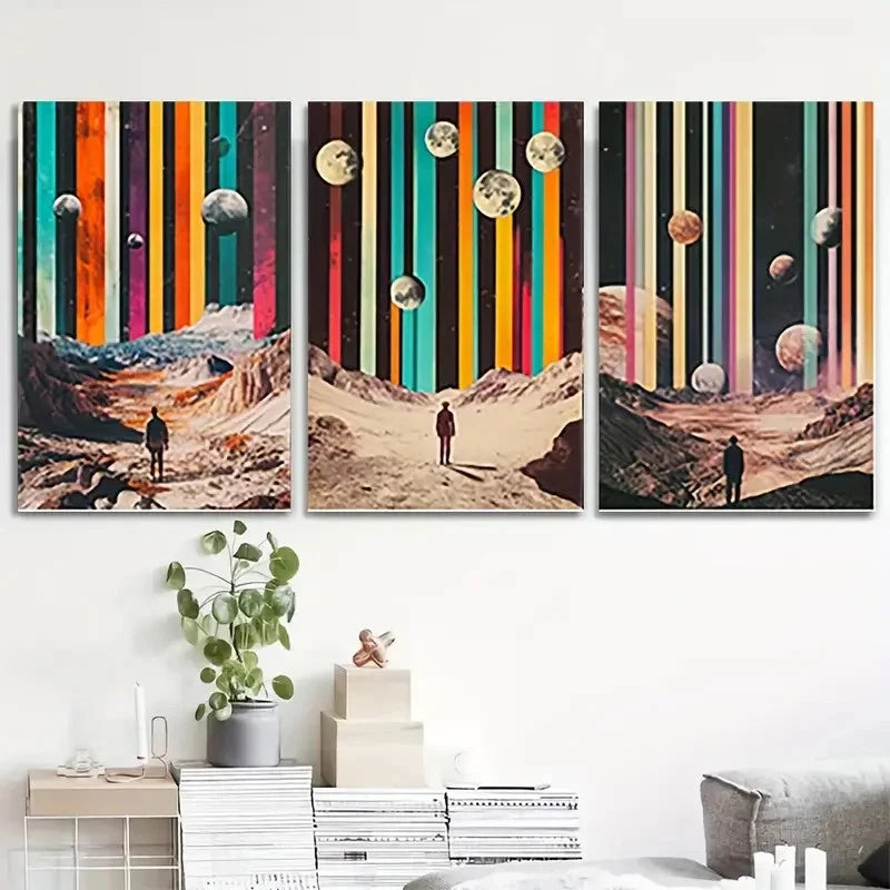 3pcs Vibrant Planets & Stars Design VPS Wall Art Set Canvas Framed 50x70cm - High Quality Print 100% Australian Made Wall Canvas Ready to Hang - Bella Home Decor