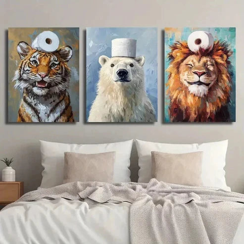 3pcs Tiger and Polar Bear Toilet Paper on Head Wall Art Set Canvas Unframed - High Quality Print 100% Australian Made Wall Canvas