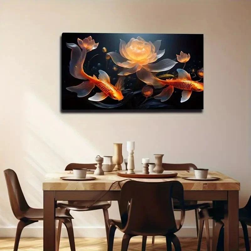 Vibrant Golden Koi Fish Lotus Wall Art Canvas Office Home Room Framed 120x60cm