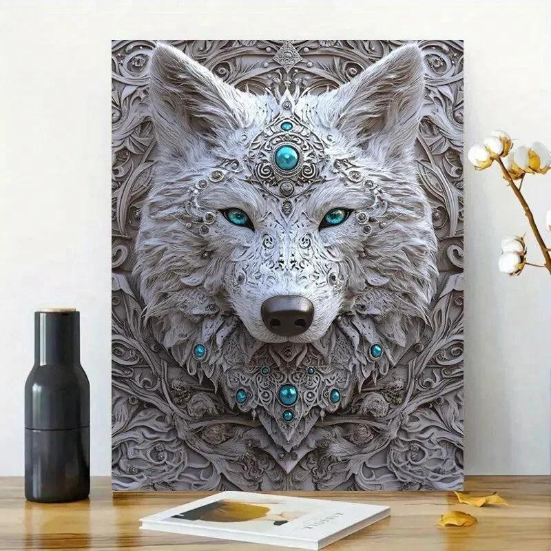 Wolf Face with Glowing Turquoise Eyes Painting 40x60cm Metal Print Ready to Hang