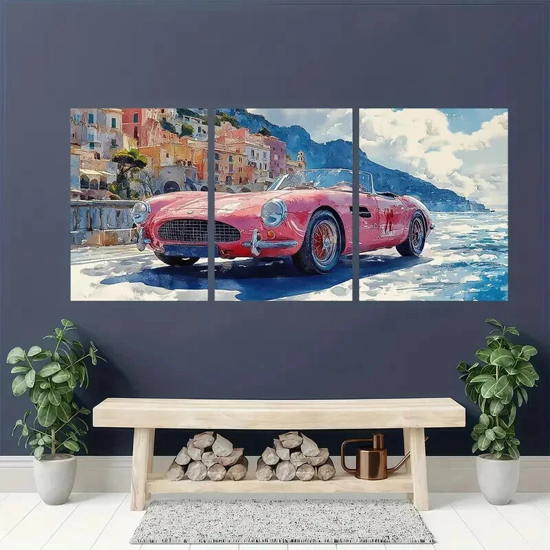 3pcs Retro Pink Italian Car on Coastal Road Wall Art Set Canvas Framed 50x70cm - High Quality Print 100% Australian Made Wall Canvas Ready to Hang