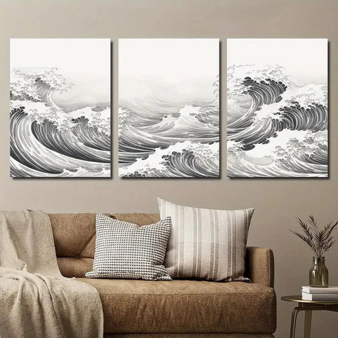 3pcs Black and White Japanese Ocean Wave Wall Art Set Canvas Unframed - High Quality Print 100% Australian Made Wall Canvas - Bella Home Decor