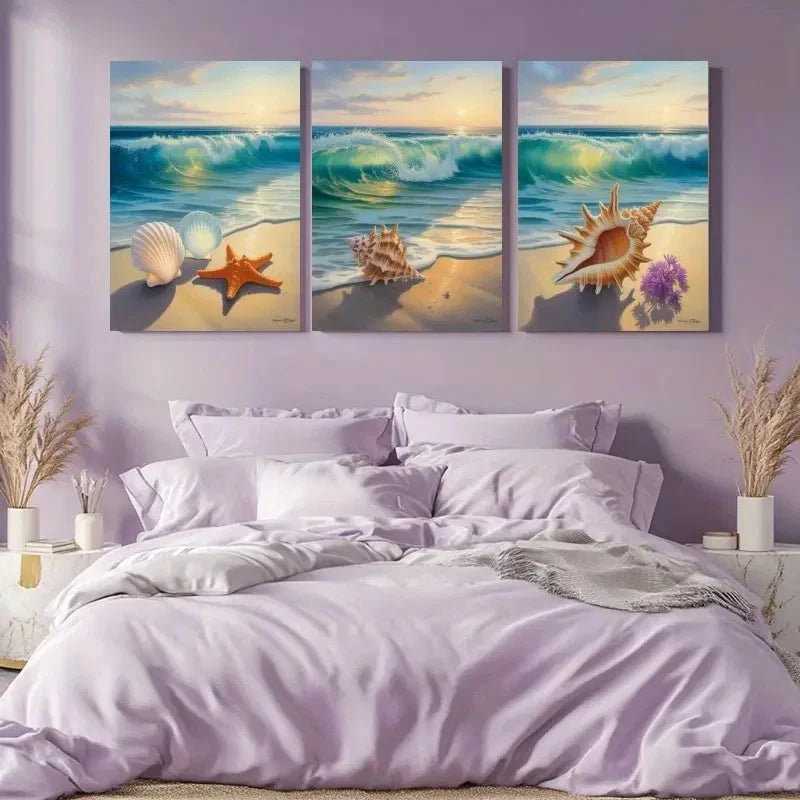 3pcs Seashells, Starfish, Ocean Waves Wall Art Set Canvas Framed 50x70cm - High Quality Print 100% Australian Made Wall Canvas Ready to Hang