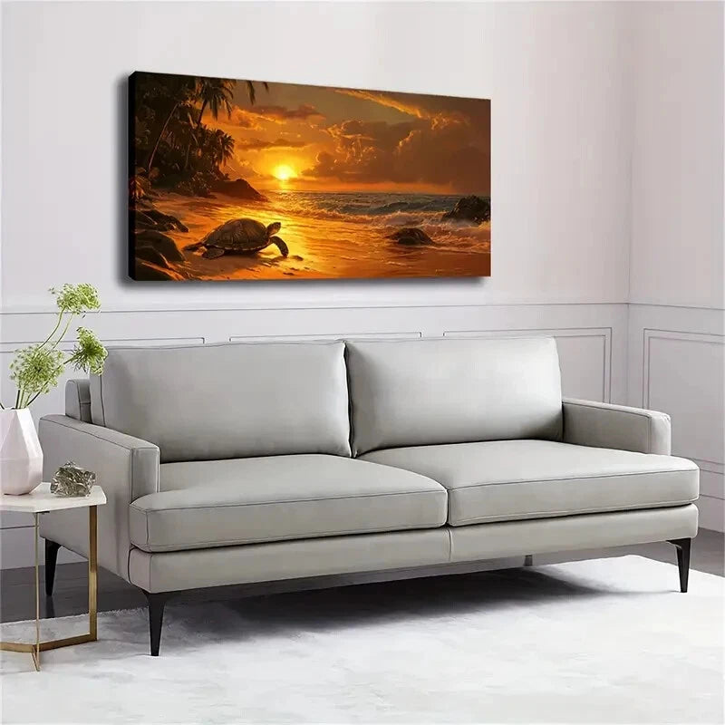 Turtle on the Beach At Sunset Wall Art Canvas Office Home Room Framed 120x60cm - Bella Home Decor