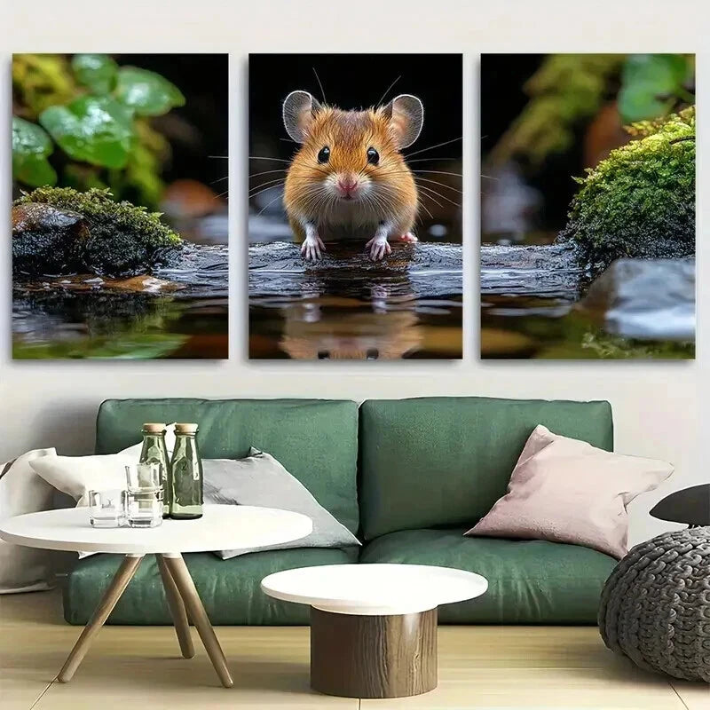 3pcs land Mouse On Log Tranquil Forest Perfect Wall Art Set Canvas Framed 50x70cm - High Quality Print 100% Australian Made Wall Canvas Ready to Hang - Bella Home Decor