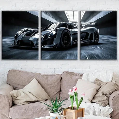 3pcs Classic Black Cool Sports Car White Lights Wall Art Set Canvas Unframed - High Quality Print 100% Australian Made Wall Canvas - Bella Home Decor