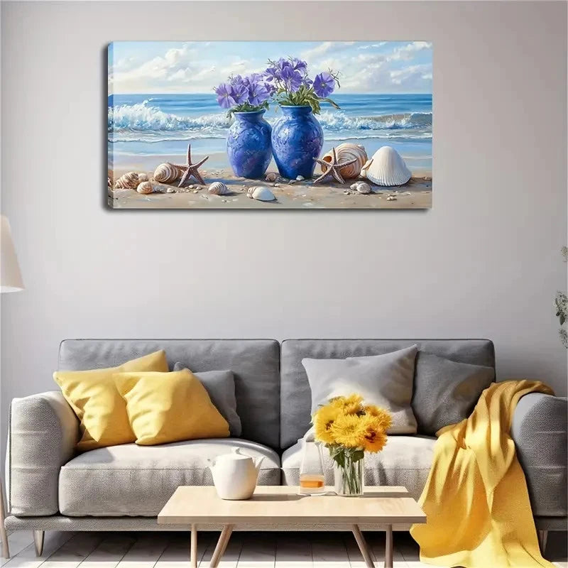 Beach Scene with Blue Vases Wall Art canvas office home room framed 120x60cm