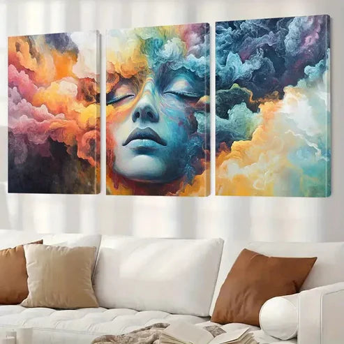 3pcs Modern Ethereal Clouds & Woman's Face Wall Art Canvas Unframed - High Quality Print 100% Australian Made Wall Canvas - Bella Home Decor