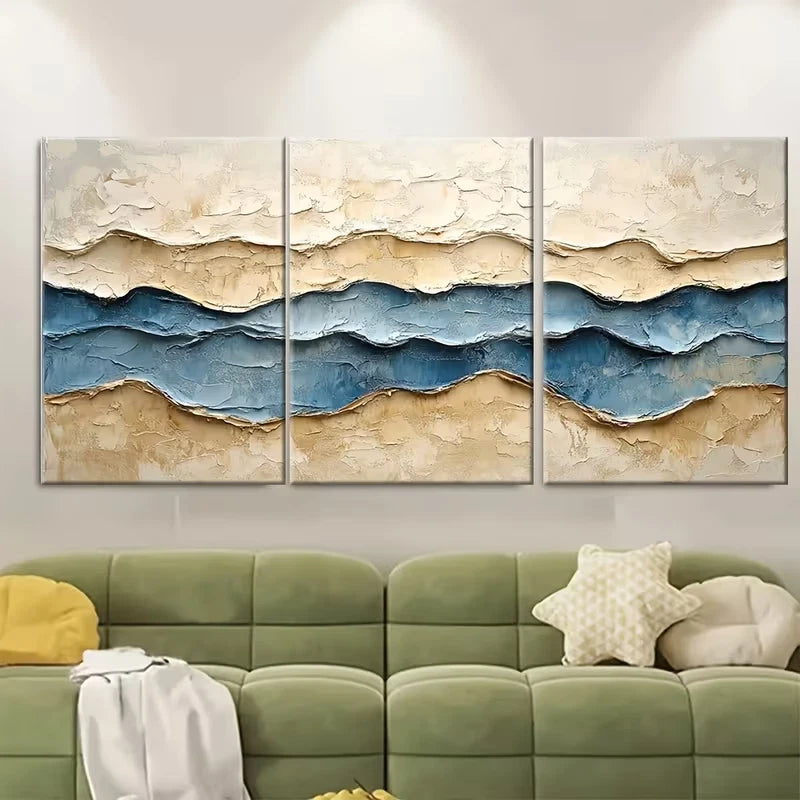 3pcs Neutral Abstract Textured Beige Blue Metal Print Ready to Hang Art