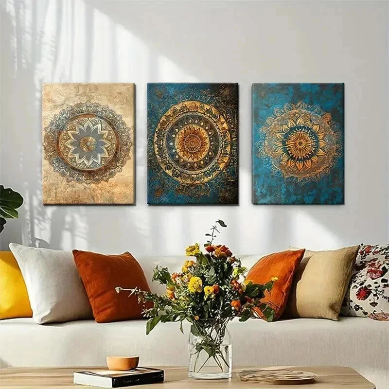 3pcs Elegant Golden & Teal Geometric Patterns Wall Art Set Canvas Framed 40x60cm - High Quality Print 100% Australian Made Wall Canvas Ready to Hang - Bella Home Decor