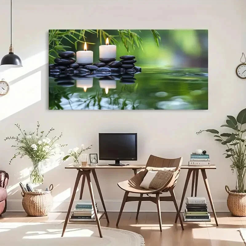 Tranquil Water & Stone Candles Wall Art Canvas Office Home Room Framed 120x60cm - Bella Home Decor