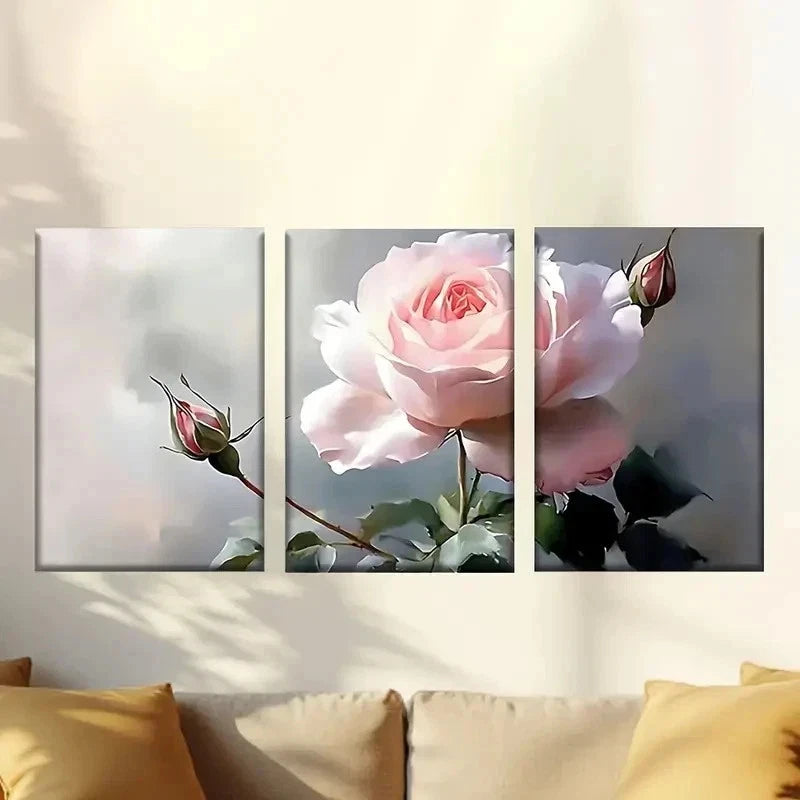 3pcs a pink rose with green leaves Wall Art Set Canvas Framed 40x60cm - High Quality Print 100% Australian Made Wall Canvas Ready to Hang - Bella Home Decor