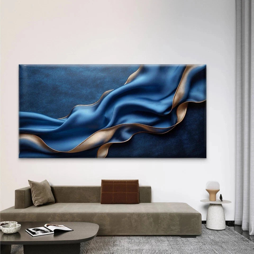 Abstract Blue And Gold Wall Art Canvas Office Home Room Framed 120x60cm