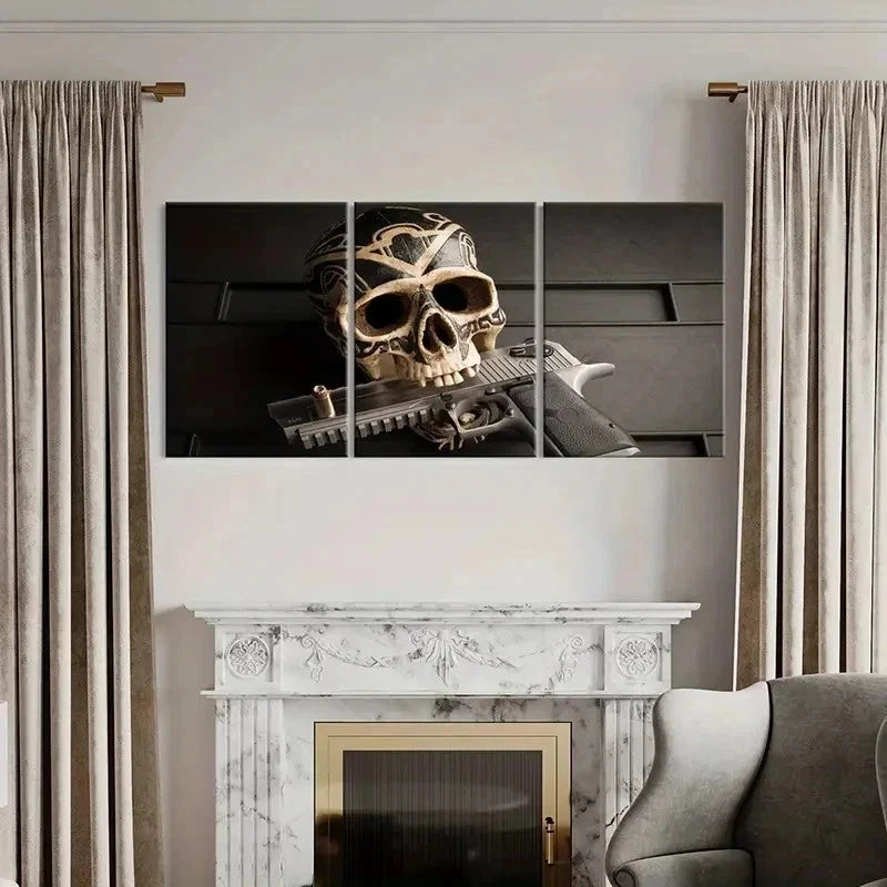3pcs Skeleton Holding Pistol In Mouth Wall Art Set Canvas Framed 40x60cm - High Quality Print 100% Australian Made Wall Canvas Ready to Hang
