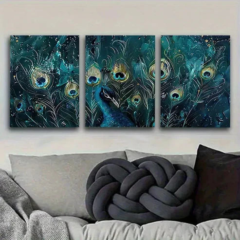3pcs Peacock Feathers Fantasy Wall Art Set Canvas Unframed - High Quality Print 100% Australian Made Wall Canvas - Bella Home Decor