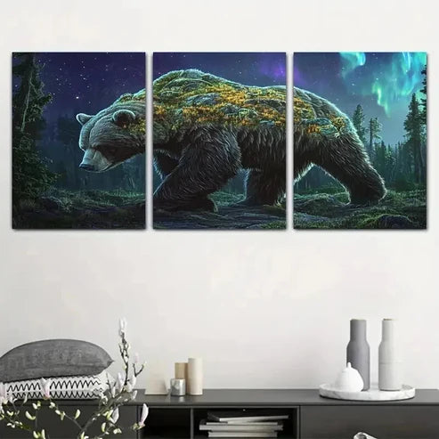 3pcs Moss Bear Under Aurora Borealis Wall Art Set Canvas Unframed - High Quality Print 100% Australian Made Wall Canvas