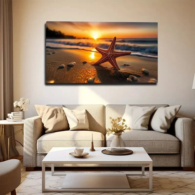 Starfish & Serene Ocean Wall Art Canvas Office Home Room Framed 120x60cm