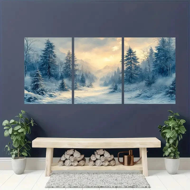 3pcs Snowy Evergreen Trees Misty Landscape Wall Art Set Canvas Framed 50x70cm - High Quality Print 100% Australian Made Wall Canvas Ready to Hang