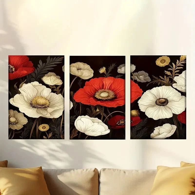 3pcs a painting of red and white flowers Wall Art Set Canvas Framed 40x60cm - High Quality Print 100% Australian Made Wall Canvas Ready to Hang - Bella Home Decor