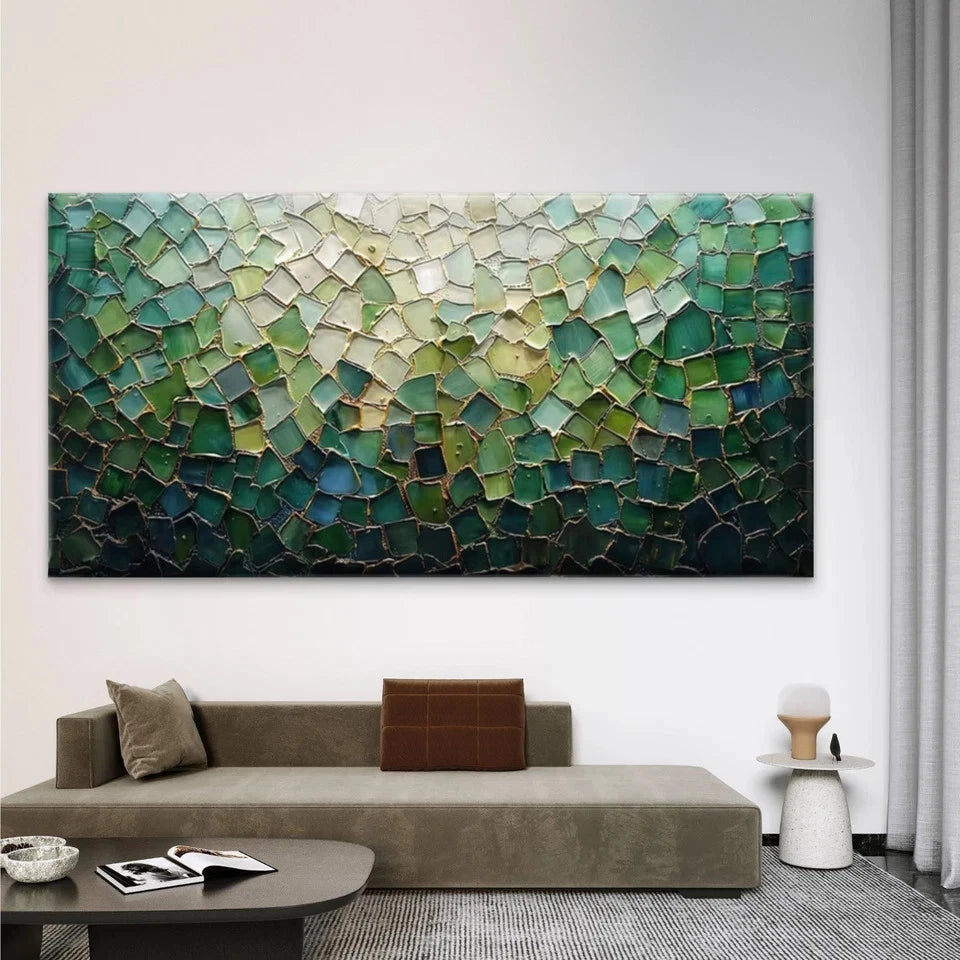 Abstract Green Mosaic Wall Art Canvas Office Home Room Framed 120x60cm