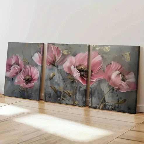 3pcs Abstract Pink Golden Flowers Vintage Wall Art Set Canvas Unframed - High Quality Print 100% Australian Made Wall Canvas - Bella Home Decor