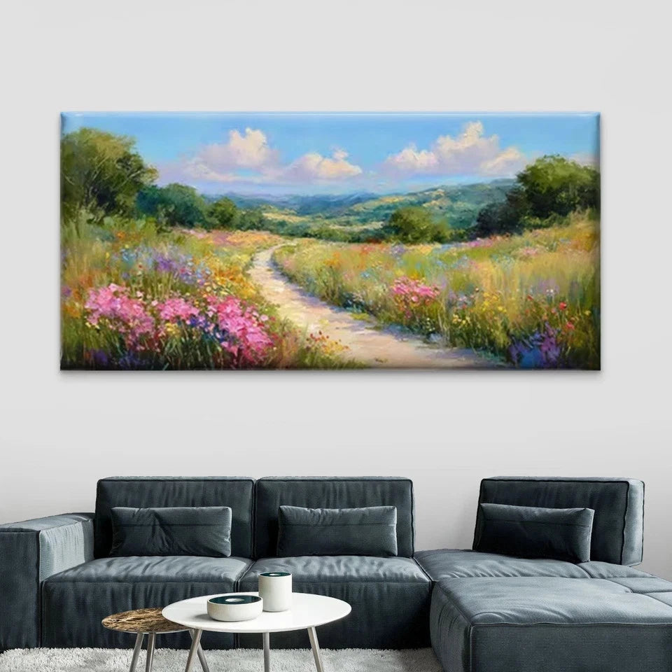 Floral Fields & Rolling Hills Wall Art Canvas Office Home Room Framed 120x60cm