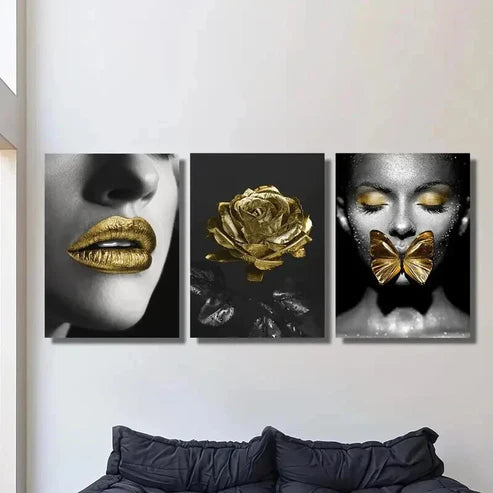 3pcs Woman With Golden Lipstick Butterflies Rose Wall Art Canvas Unframed - High Quality Print 100% Australian Made Wall Canvas