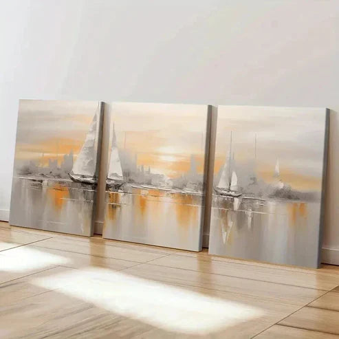 3pcs Abstract Golden Hour Sailing Ships Wall Art Set Canvas Unframed - High Quality Print 100% Australian Made Wall Canvas - Bella Home Decor