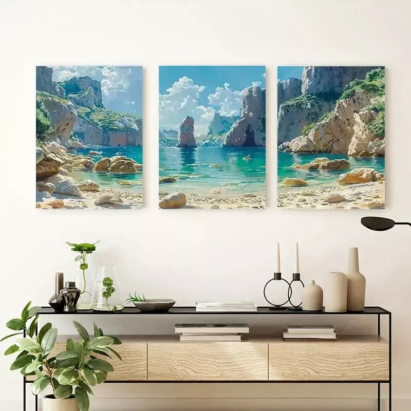 3pcs Serene Beach And Cliff Canvas Framed 40x60cm - High Quality Print 100% Australian Made Wall Canvas Ready to Hang - Bella Home Decor