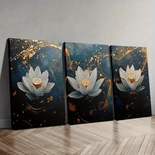3pcs Elegant Blue & Golden for Lotus Flower Wall Art Set Canvas Unframed - High Quality Print 100% Australian Made Wall Canvas