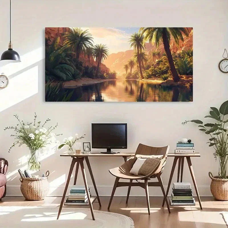 Palm Trees & River Reflections Wall Art Canvas Office Home Room Framed 120x60cm