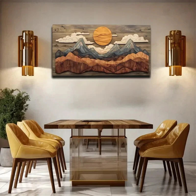 Orange-Yellow Sun & Mountain Wall Art Canvas Office Home Room Framed 120x60cm
